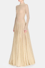 Beige Mesh Long Sleeve Slim Maxi Dress