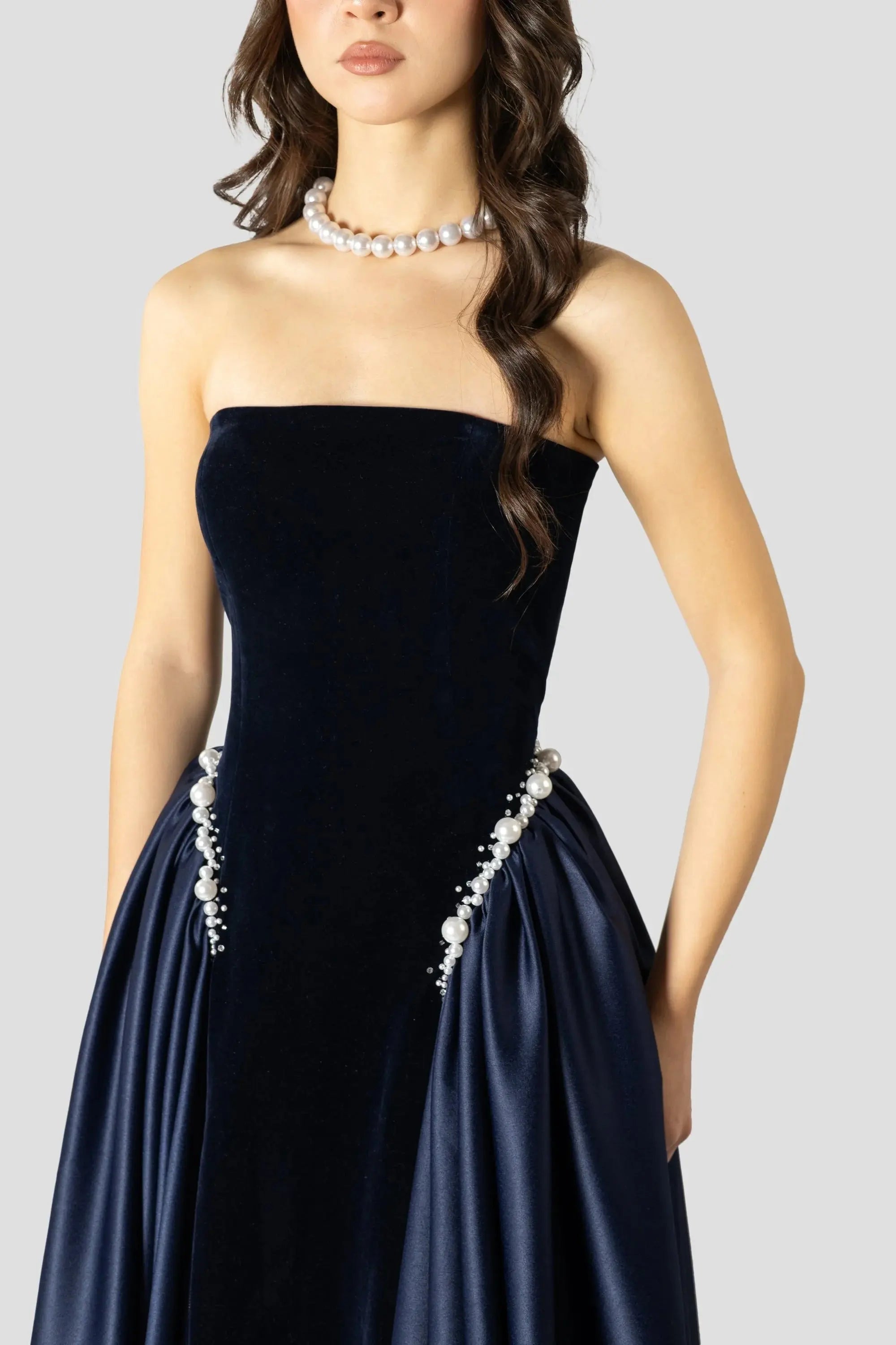 Dark Blue Pearls Embroidered Maxi Dress