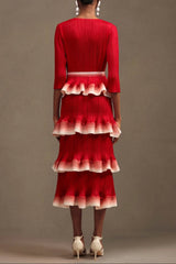Round Neck Long Sleeve Falbala Woven Maxi Dress in red