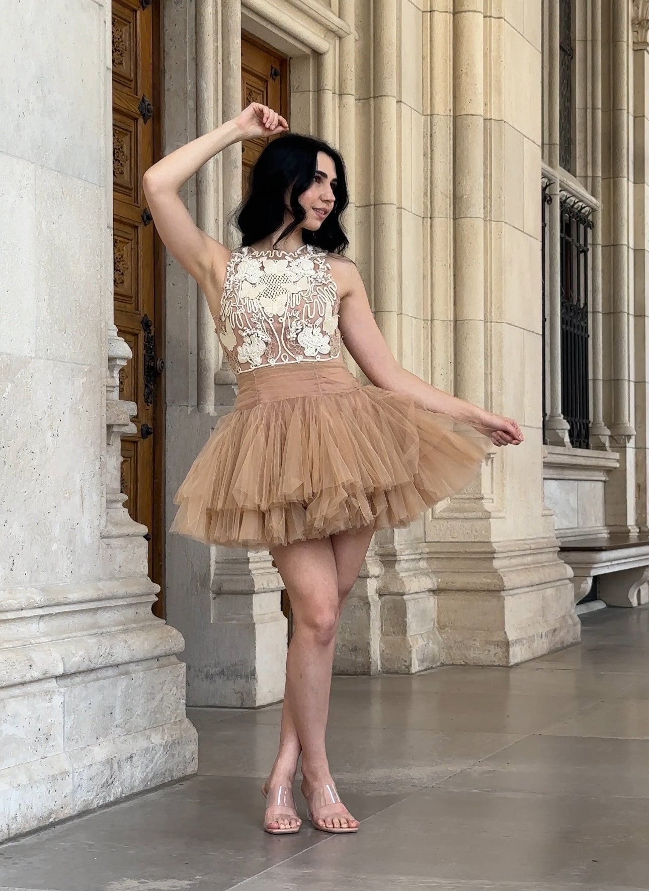 Beige Mini Dress with 3D Applique