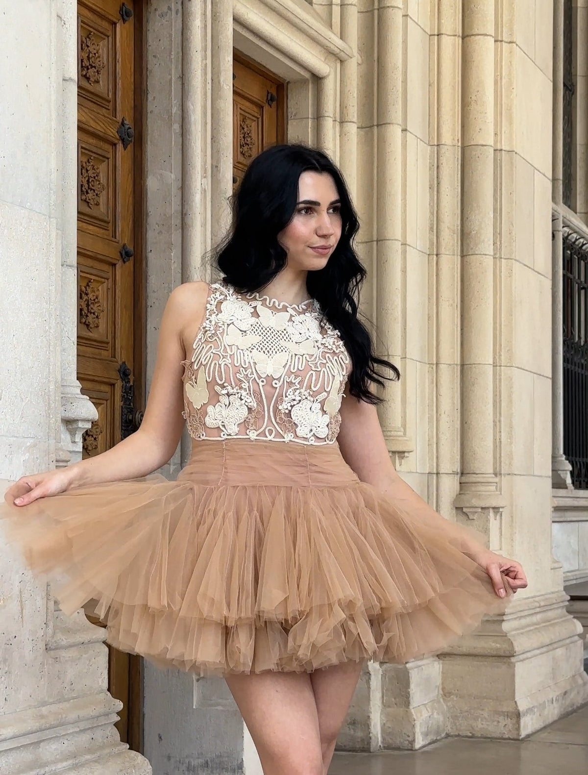 Beige Mini Dress with 3D Applique
