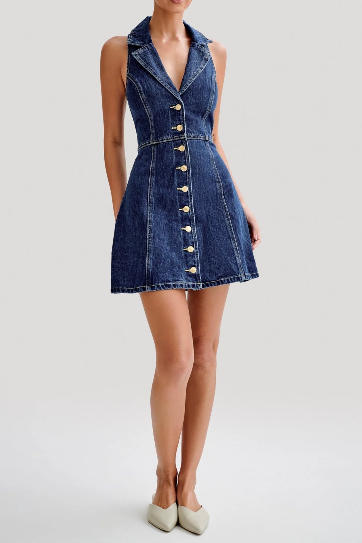 Collared Denim Mini Dress - Dark Blue