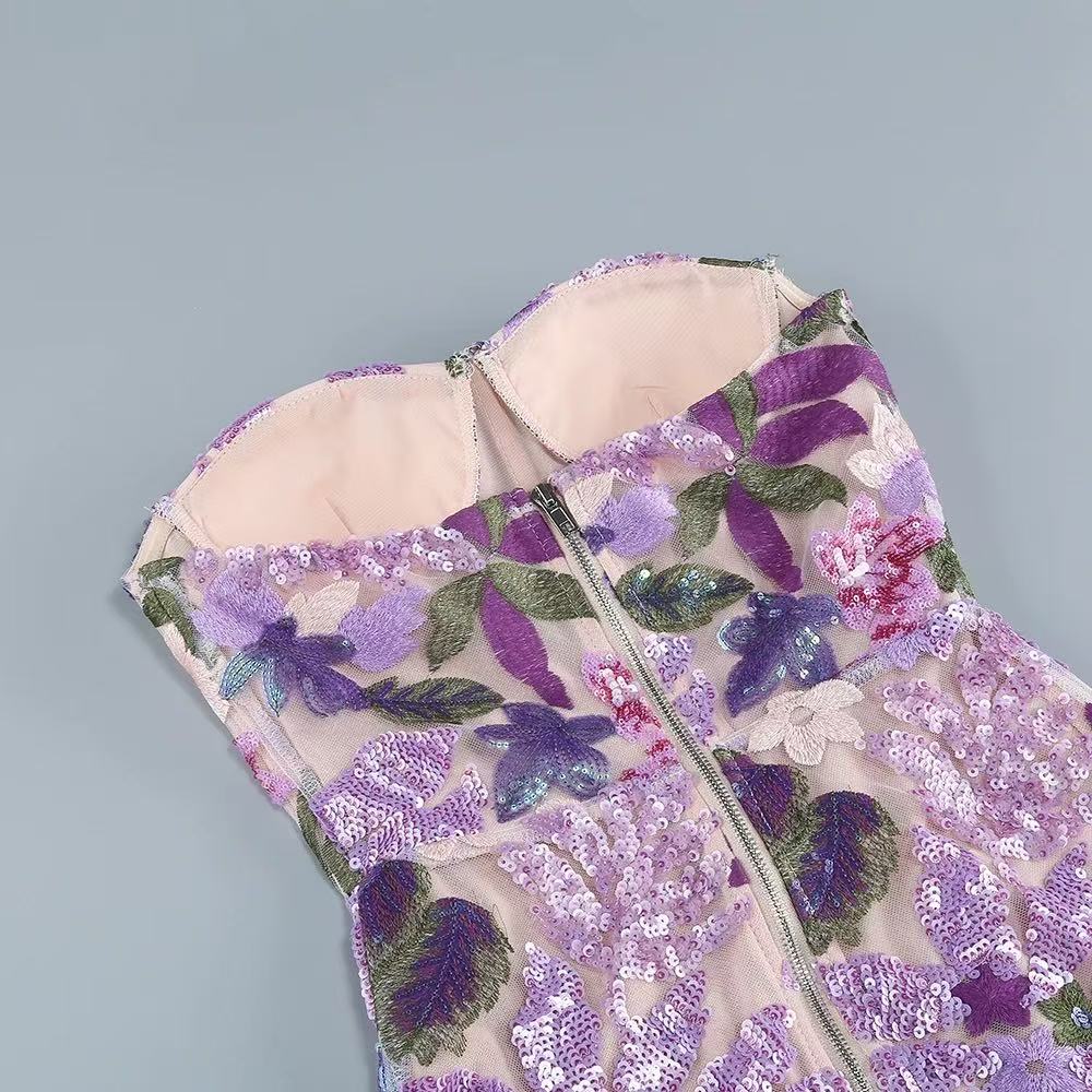 Floral Sequin Embroidered Maxi Dress - Purple