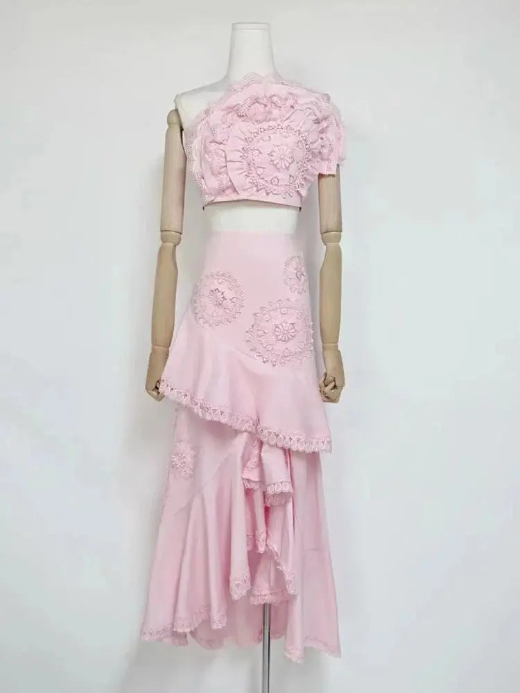Ruffled Top Floral Embroidered Skirt Set - Pink