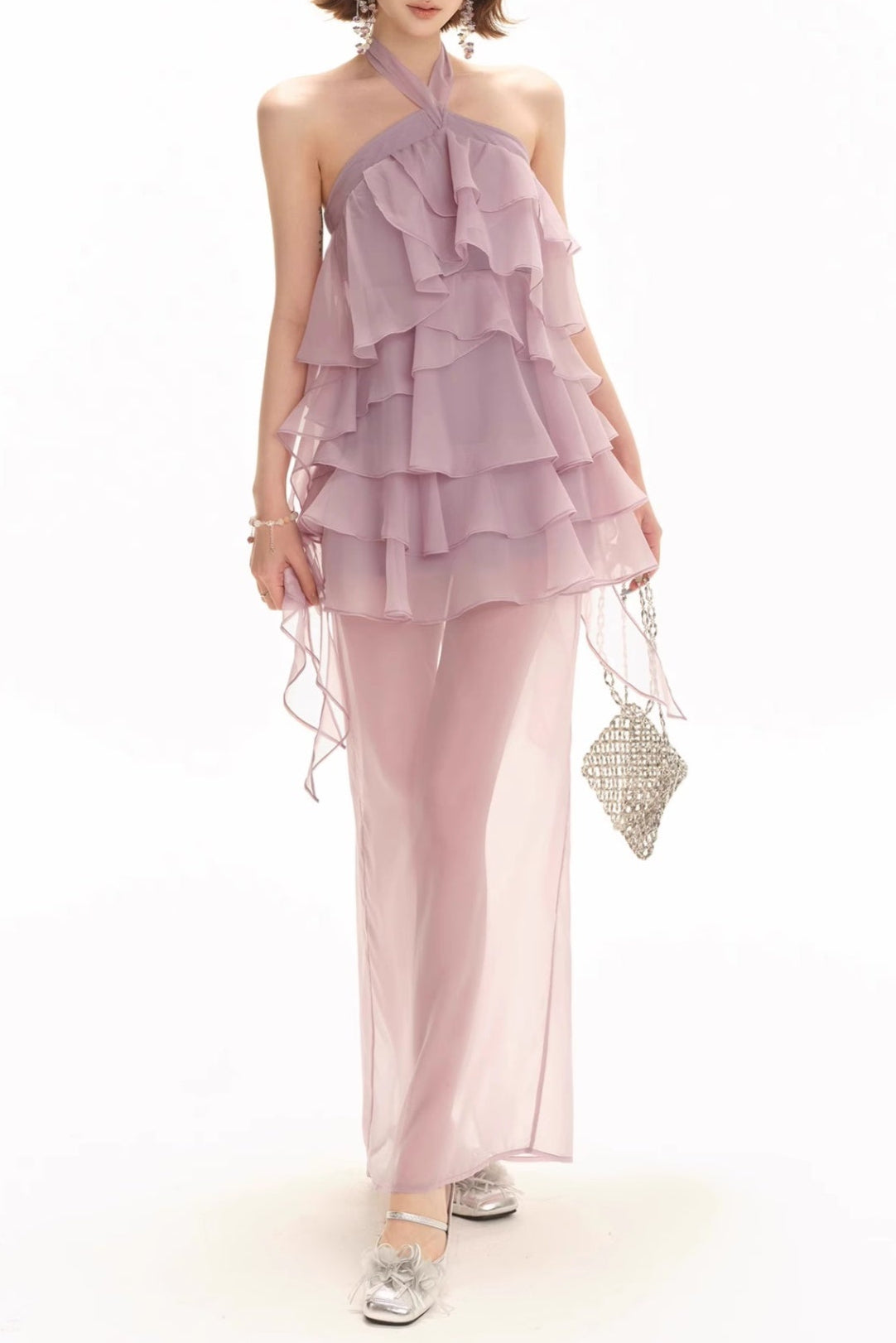 Backless Multi-Ruffle Maxi Dress in Lilac