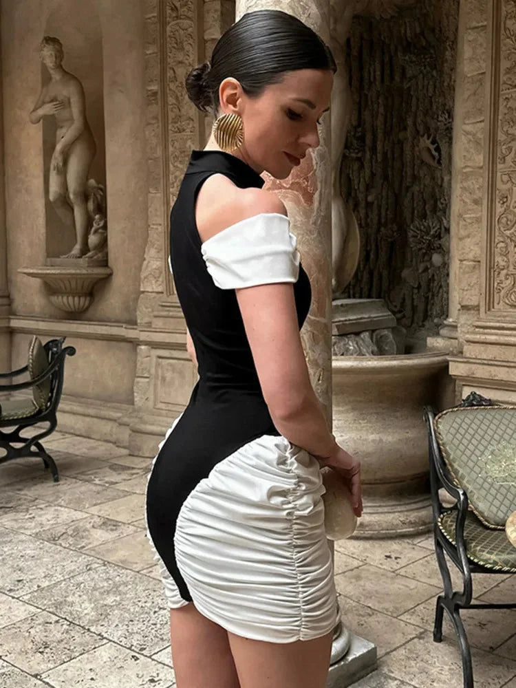 Black-White Sleeveless Halter Mini Dress