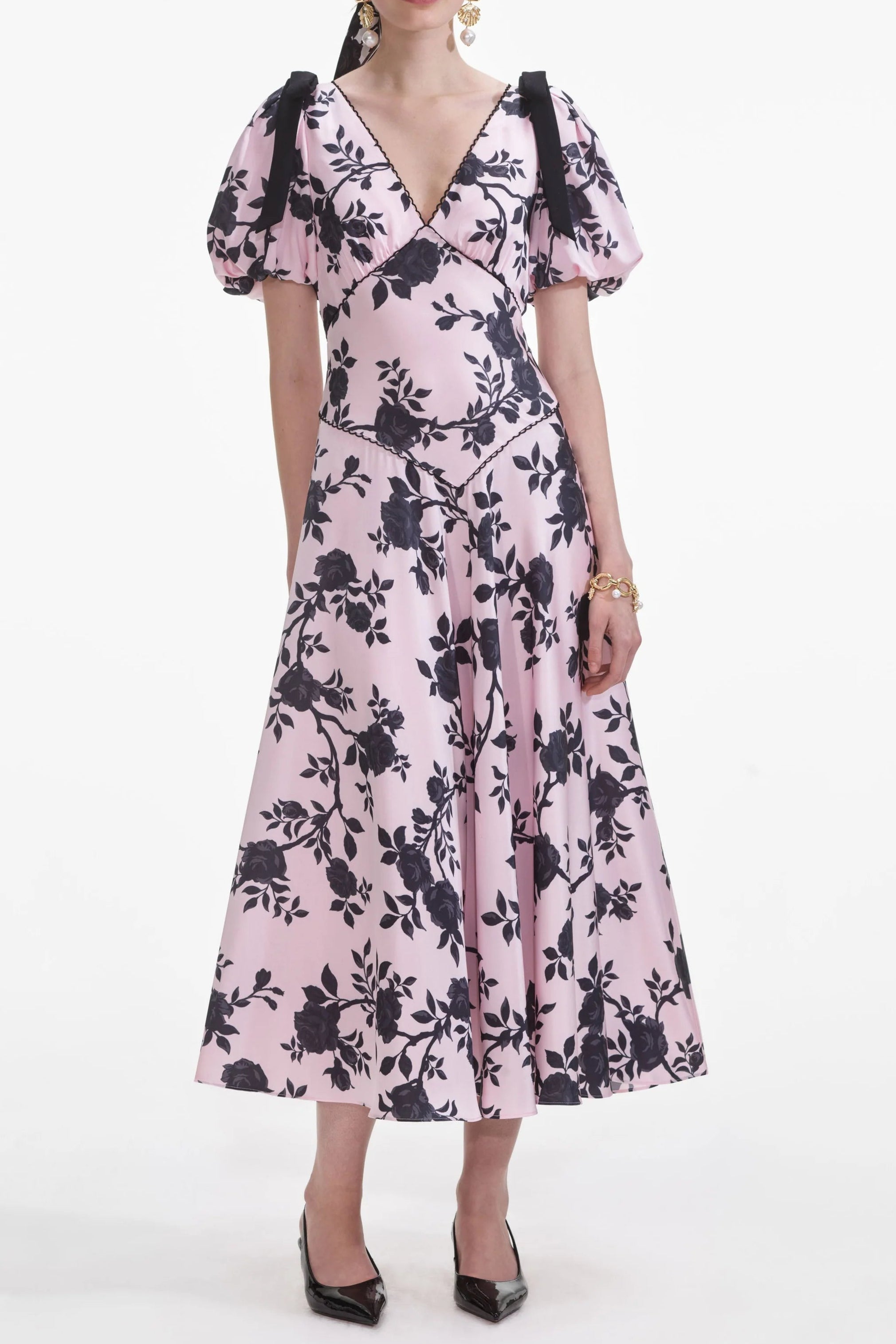V-Neck Satin Floral Midi Dress in Pink