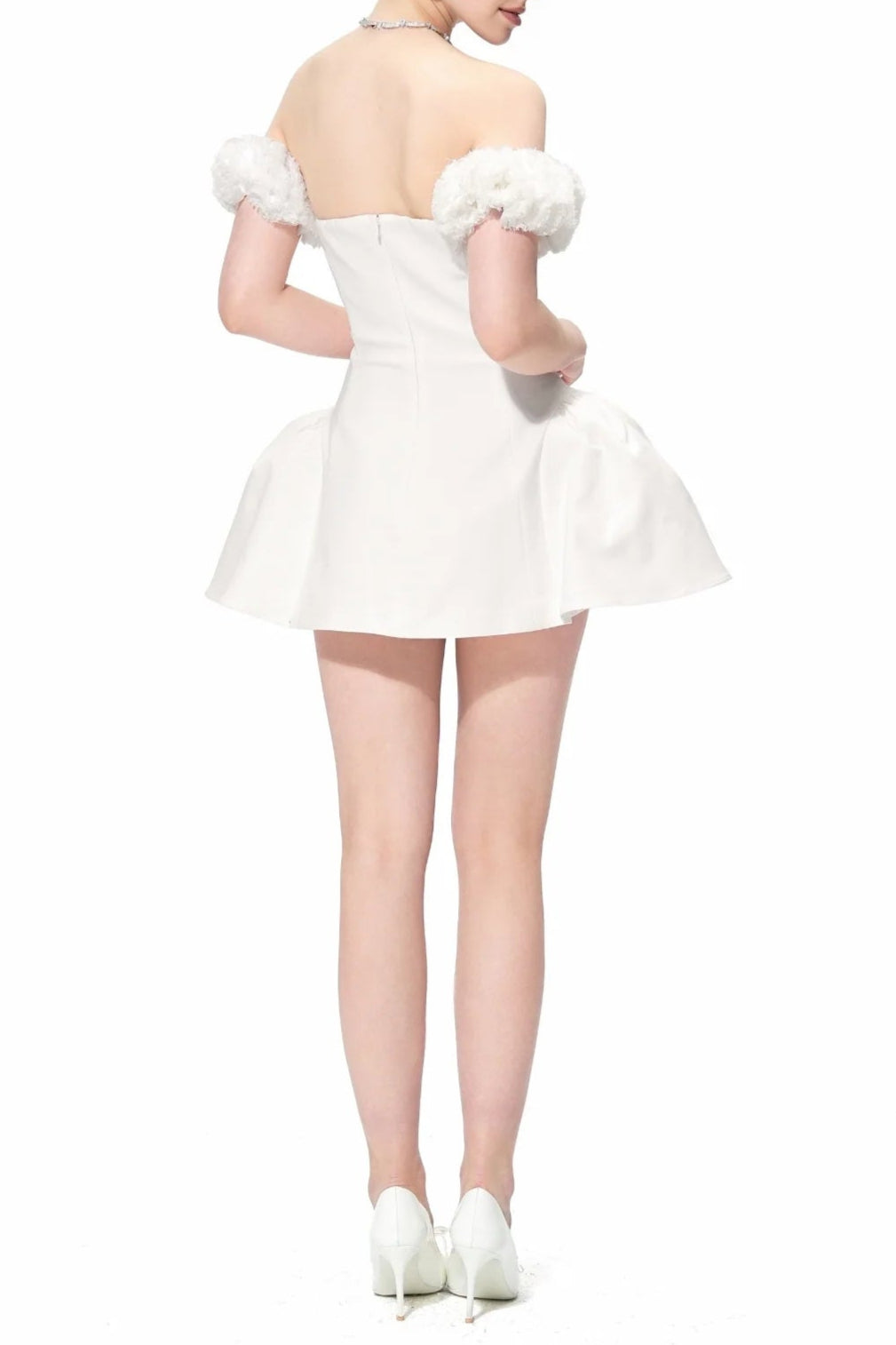 Flower Puffy Mini Dress in White