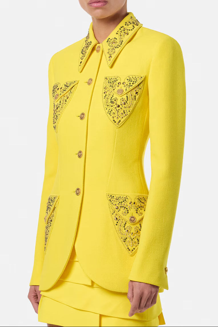 Wool Fitted Single-Breasted Blazer in Yellow