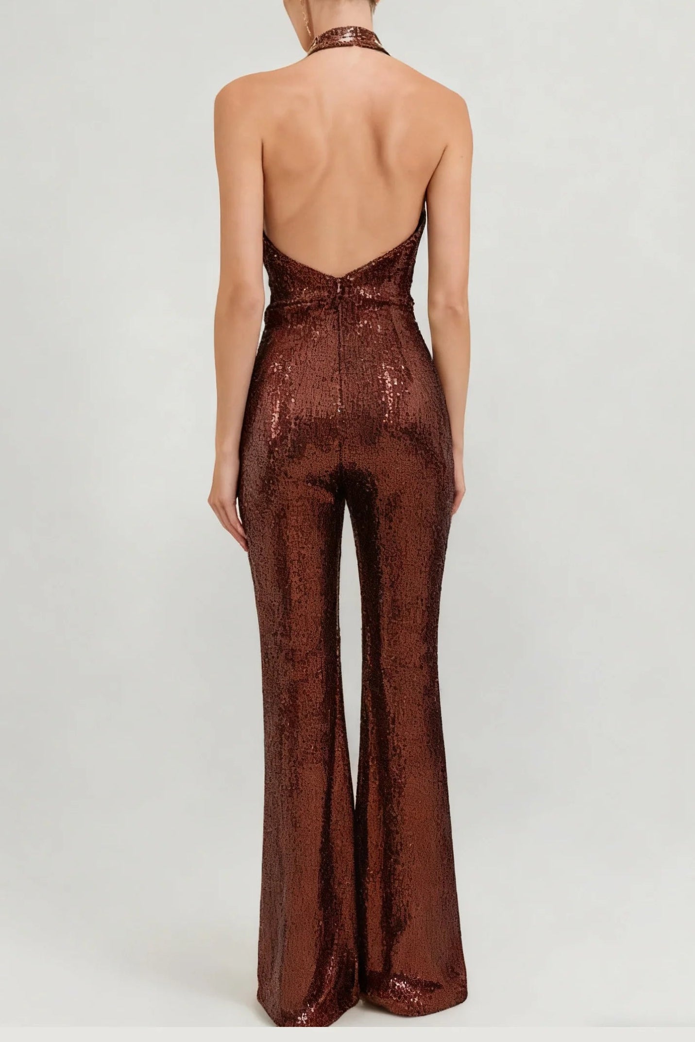 Brown Sequin Deep V High Waist Jumpsuit