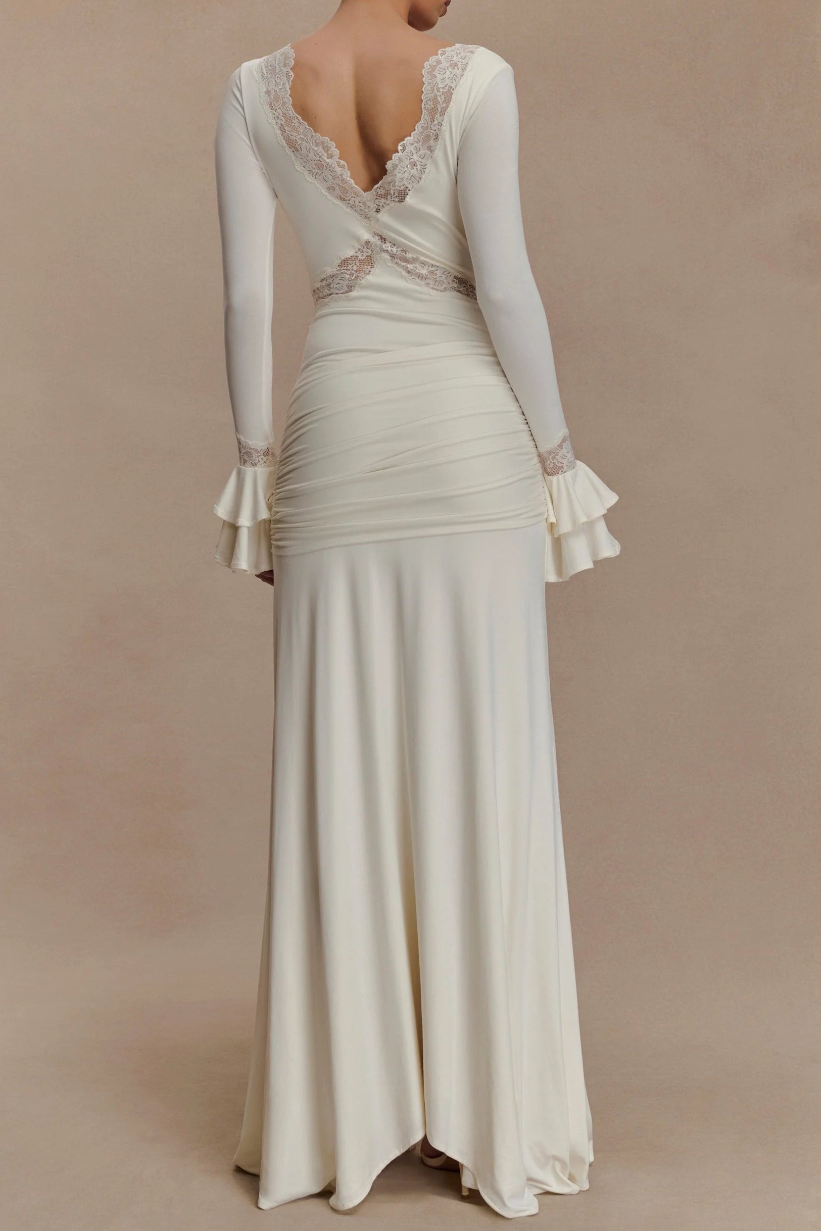 V-Neck Lace See-Through Maxi Dress in White