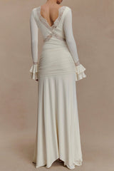 V-Neck Lace See-Through Maxi Dress in White