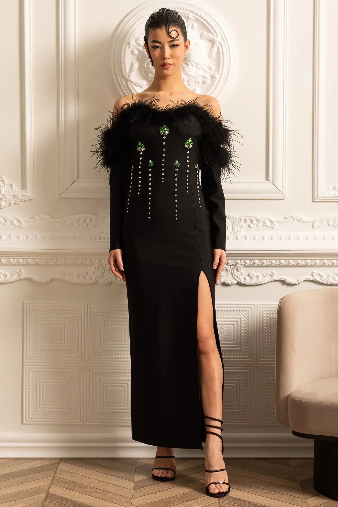 Sequin High Feather Adorned Maxi Dress - Black
