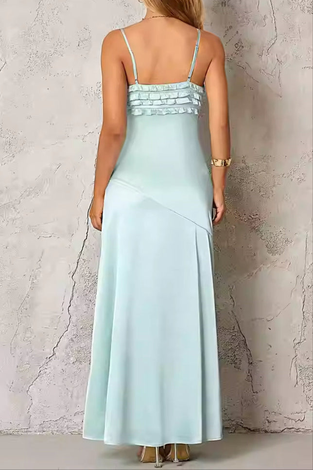 Ruffle Trim Silk Maxi Dress in Mint