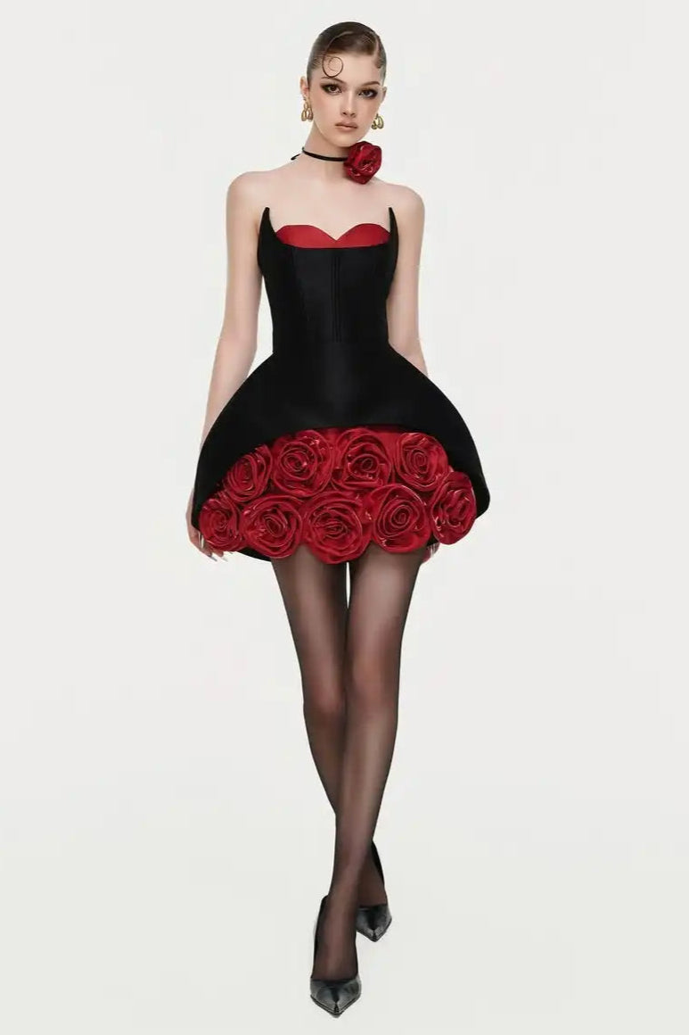 Rose Flower Ruffled Floral Mini Dress in Red