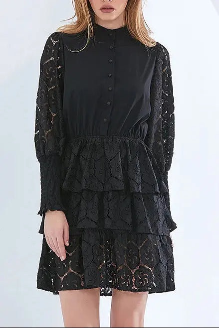 Long Sleeves Layered Lace Mini Dress in black