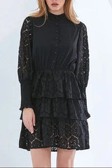 Long Sleeves Layered Lace Mini Dress in black