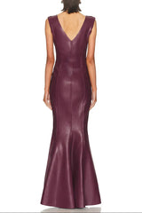V-Neck Sleeveless Leather Maxi Dress in Burgundy