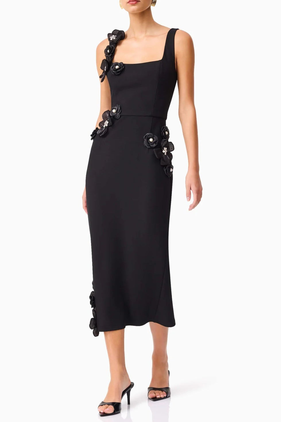 3D Flower Midi Dress in Black