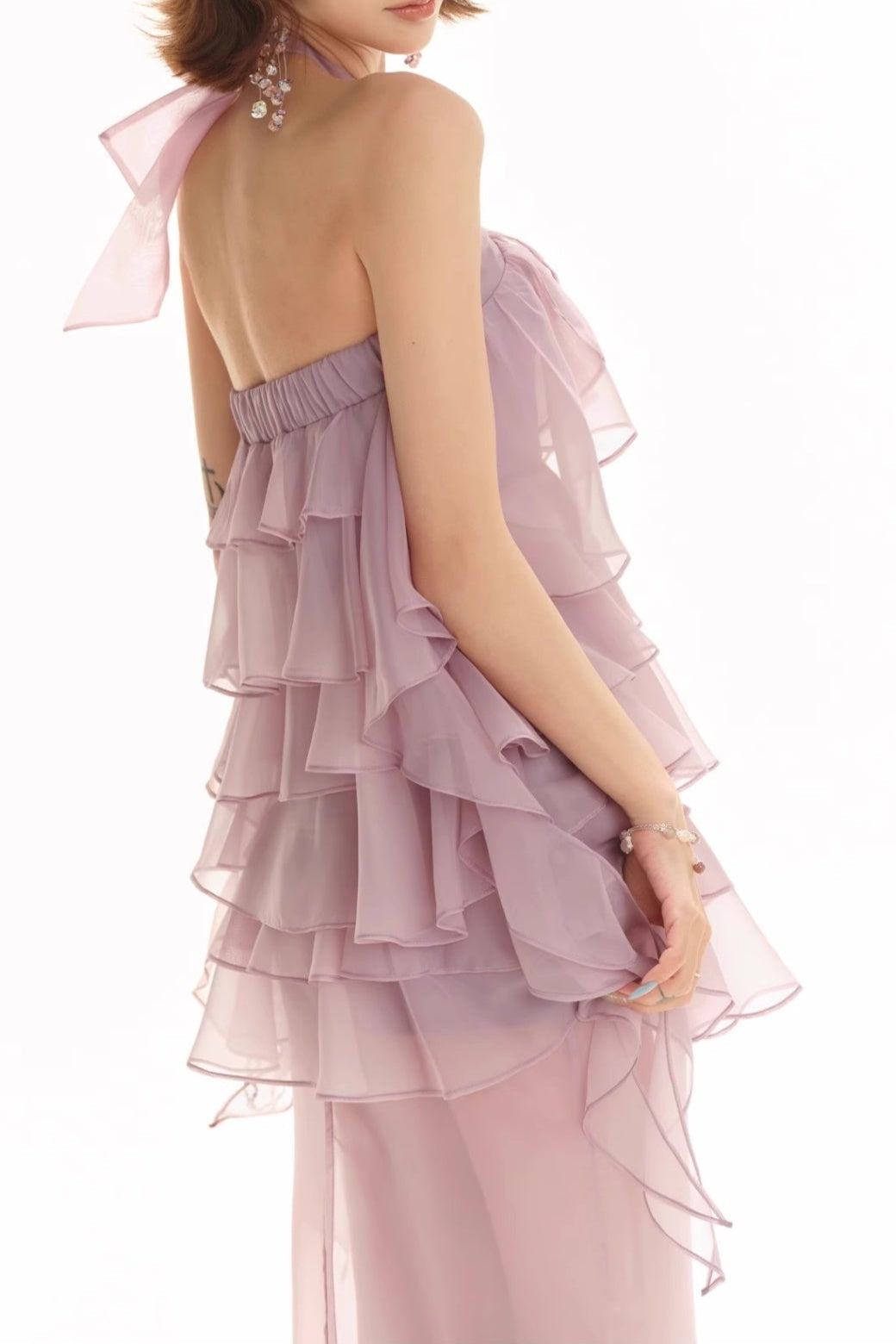 Backless Multi-Ruffle Maxi Dress in Lilac