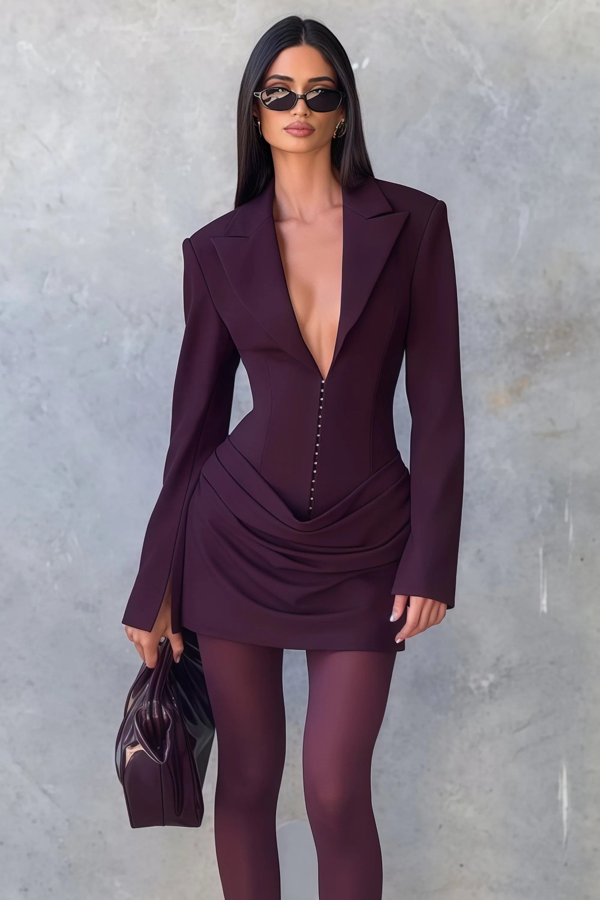 V-Neck Ruched Blazer Mini Dress in Wine Red