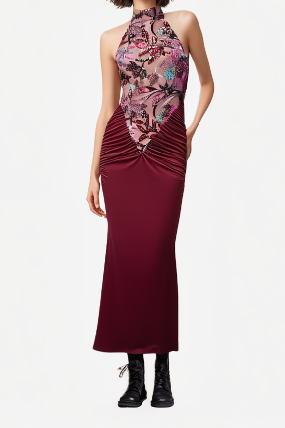 Sequin Embroidery Halter Maxi Dress in Red