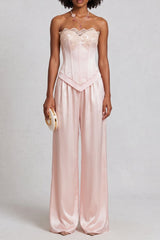 Lace Trim Satin Top & Wide Leg Pant Co-ord Set