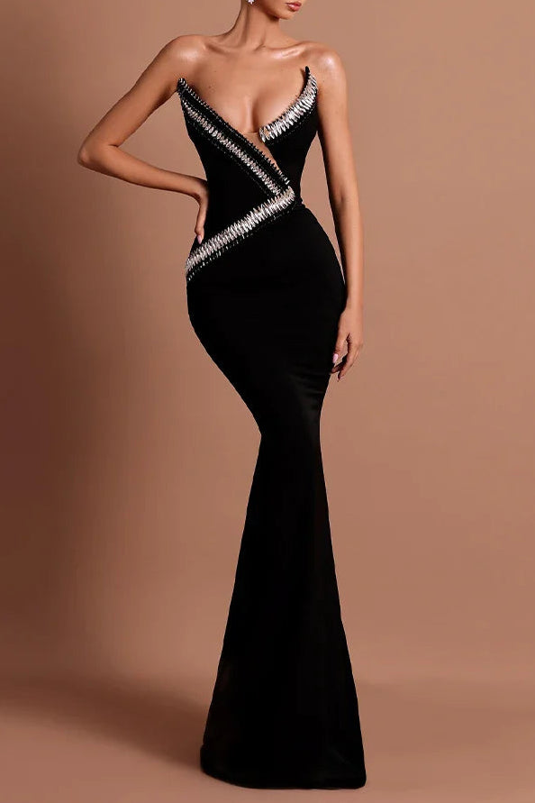 Off-Shoulder Rhinestone Maxi Dress in Black