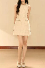 Feathery Sleeveless A-line Mini Dress in Beige