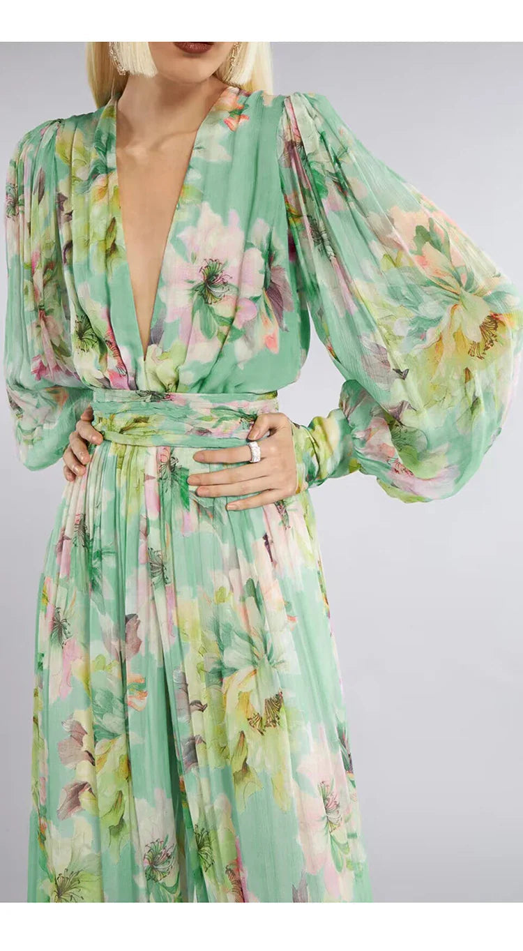 V Neck Floral Print Maxi Dress in Green
