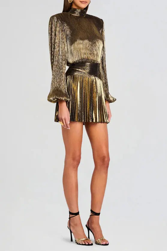 High-Necked Lantern Sleeve Mini Dress in Gold
