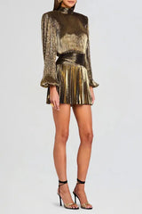 High-Necked Lantern Sleeve Mini Dress in Gold