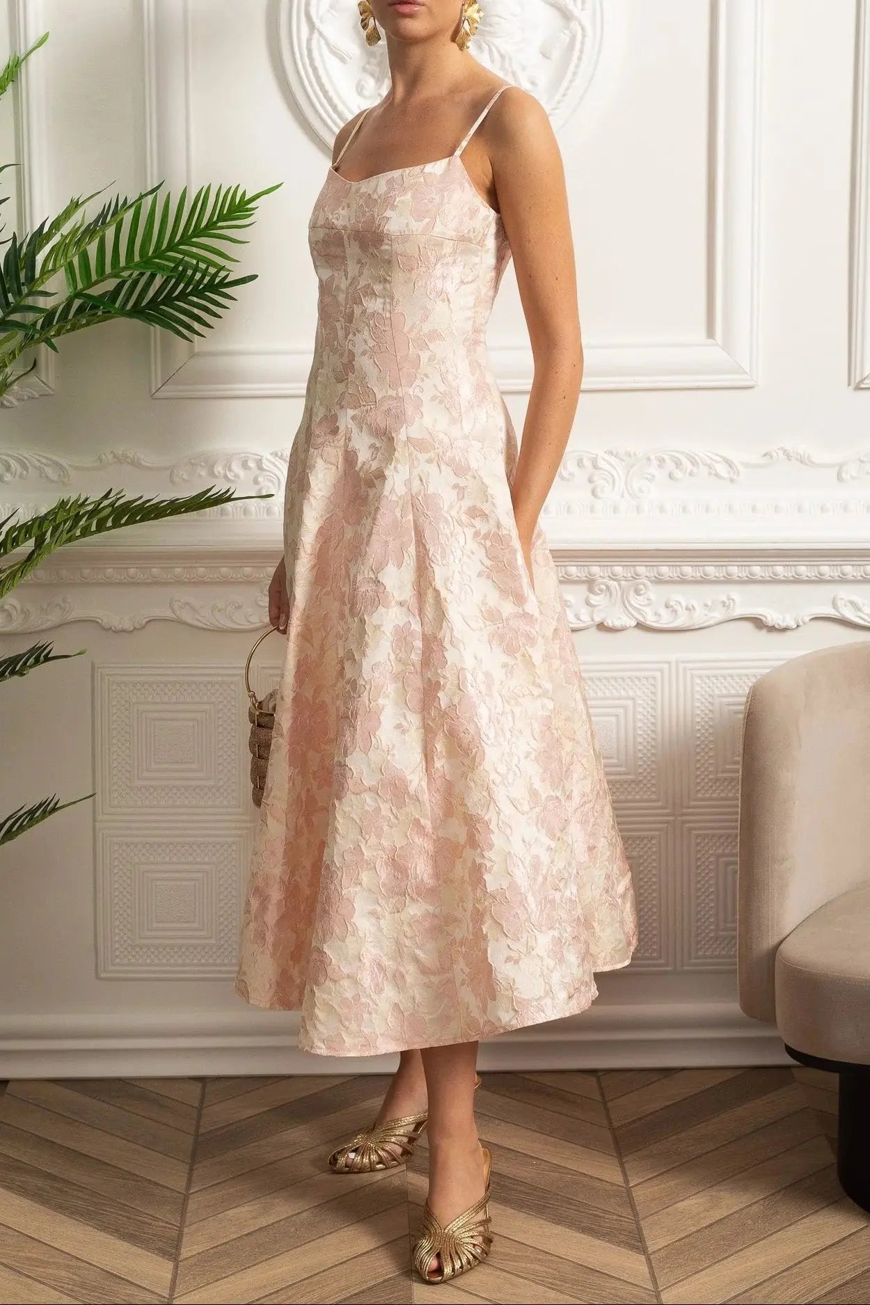 Midi Dress with Floral Motif - Blush Pink