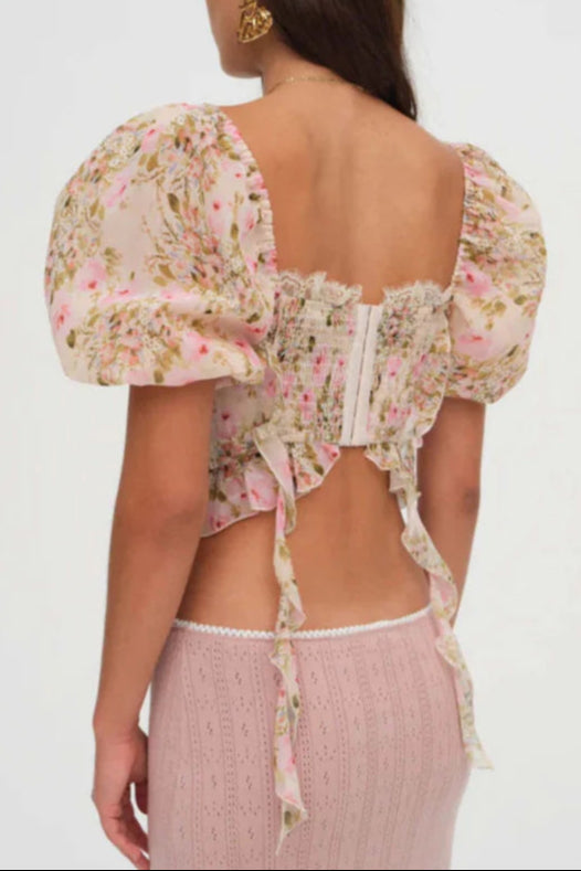 Pink Tie-Drape Shirt with Ruffled Puff Sleeves