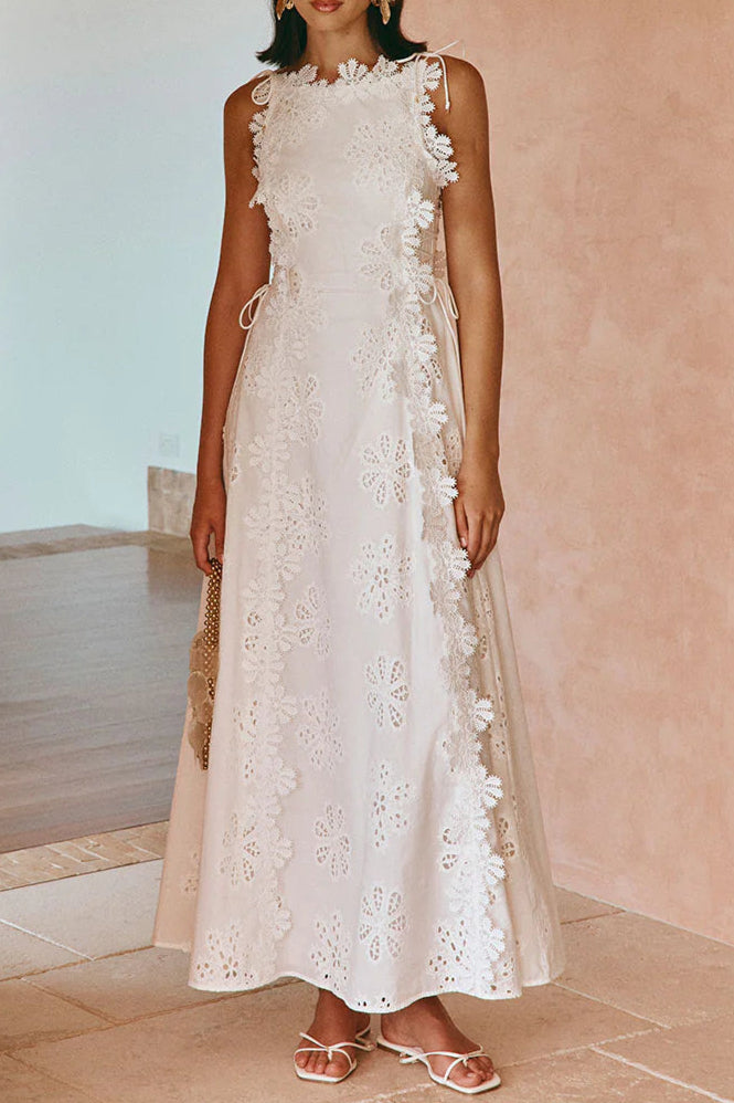 Lace Trim Embroidery Hollow Midi Dress in White