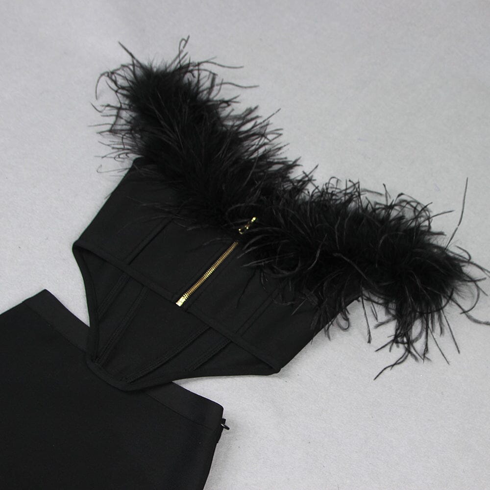 Feather Off  Shoulder Maxi Dress In Black