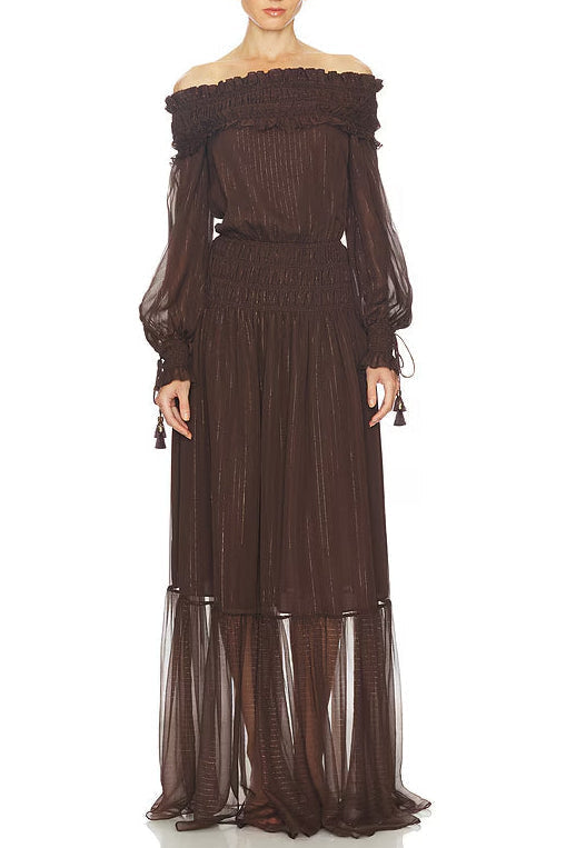 Brown Off-Shoulder Long Sleeve Maxi Dress with Ruched Trim