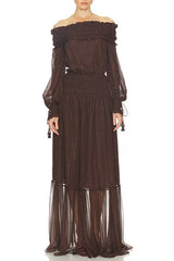 Brown Off-Shoulder Long Sleeve Maxi Dress with Ruched Trim