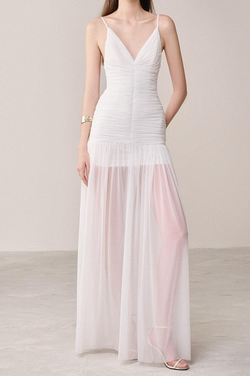 Drop Waist Strap Organza Maxi Dress in white