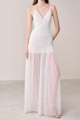 Drop Waist Strap Organza Maxi Dress in white