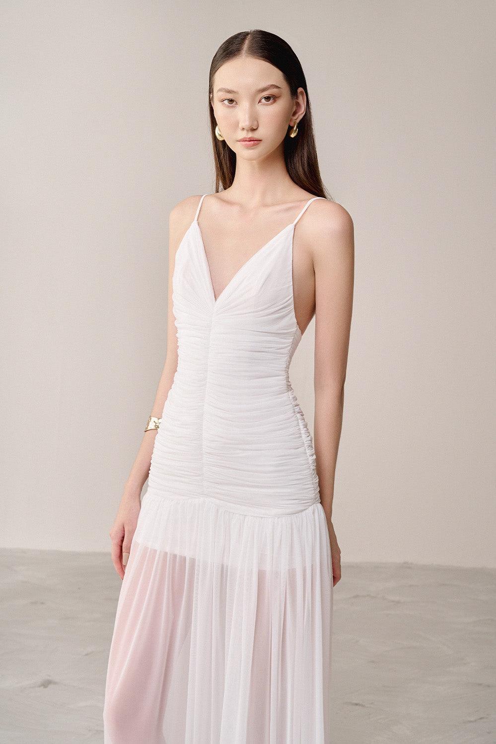 Drop Waist Strap Organza Maxi Dress in white