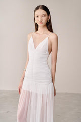 Drop Waist Strap Organza Maxi Dress in white