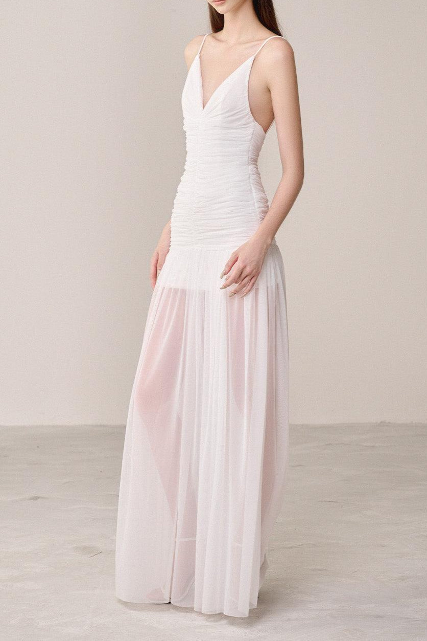 Drop Waist Strap Organza Maxi Dress in white