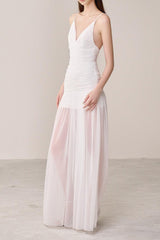 Drop Waist Strap Organza Maxi Dress in white