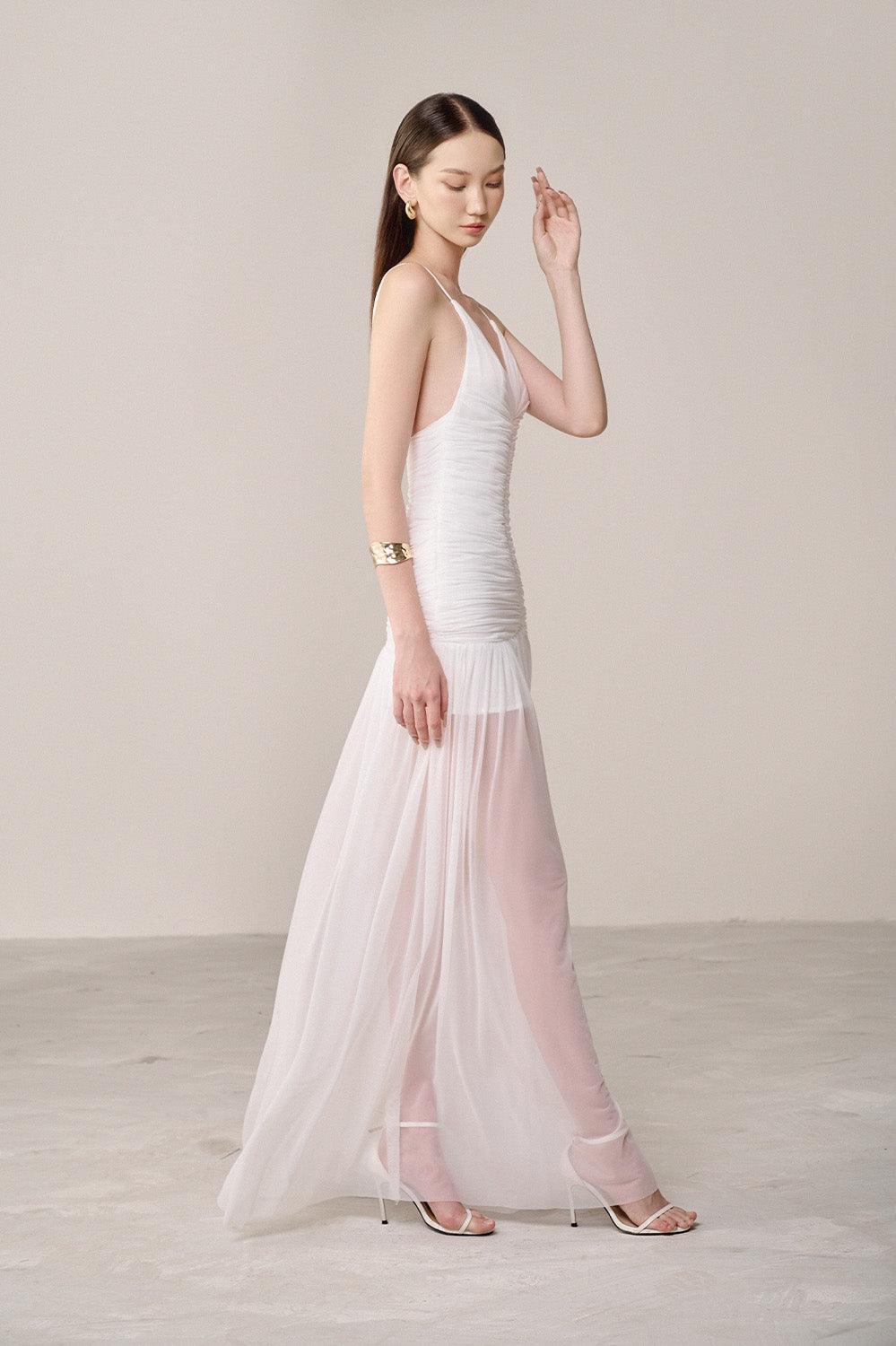 Drop Waist Strap Organza Maxi Dress in white