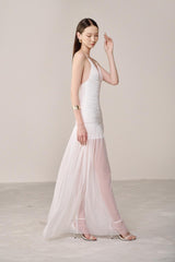 Drop Waist Strap Organza Maxi Dress in white