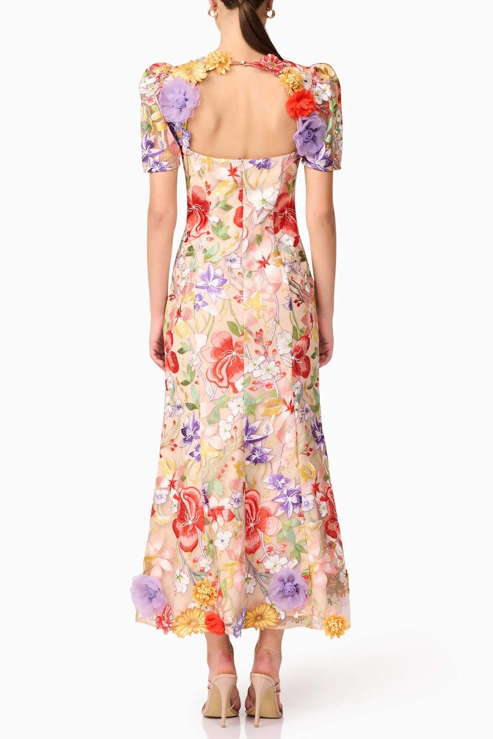 Square Neck Backless Mesh Embroidered Maxi Dress