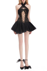 Halter Neck Top with Cross Straps Mini Dress in Black