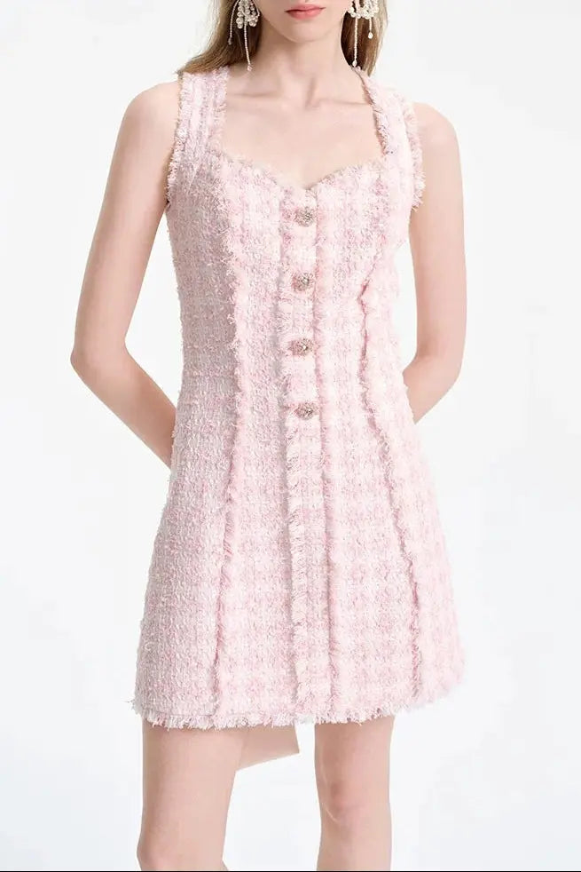 Pink Square Neck Trim Mini Dress