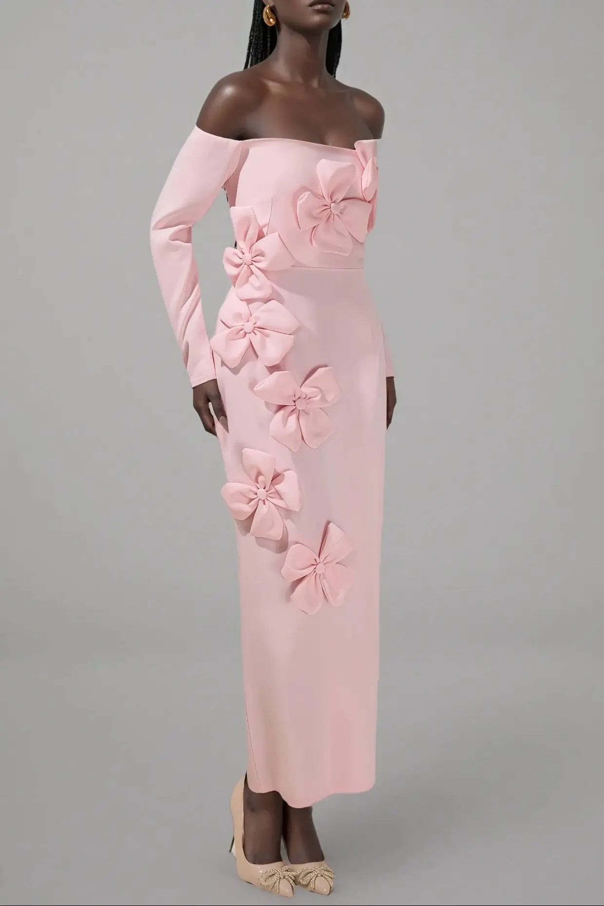 Pink 3D Flower Long Sleeve Midi Dress